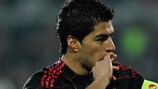 Luis Suárez celebrates his goal: he missed two penalties after the break