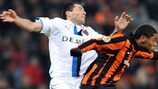 Brugge's Antolin Alcaraz contests a header with Fernandinho
