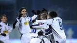 Timişoara players celebrate their first win of the group stage at their last attempt