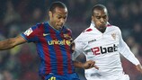 Abdoulay Konko (right) pursues Thierry Henry at Camp Nou on Sunday