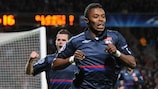 Michel Bastos celebrates scoring Lyon's second goal