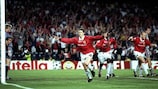 Manchester United's Ole Gunnar Solskjær celebrates his dramatic winner in the 1999 UEFA Champions League final