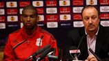 Liverpool striker Ryan Babel is hoping to impress manager Rafael Benítez (right) as a striker