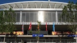 Flags fly outside the Coliseum Alfonso Pérez in Getafe ahead of the UEFA Women's Champions League final