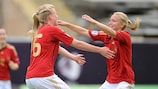 Germany goalscorers Annika Doppler and Turid Knaak celebrate the former's opener in Skopje