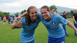 Lieke Martins and Merel van Dongen celebrate at full time after the Netherlands' 2-0 victory against Spain