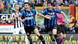 Diego Milito (right) and Javier Zanetti celebrate the winning goal for Inter
