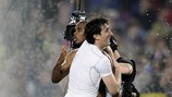 Diego Milito and Samuel Eto'o celebrate reaching the UEFA Champions League final