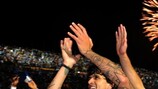 Lucho González and Hatem Ben Arfa celebrate after OM sealed the title