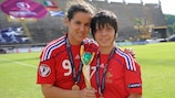 Pauline Crammer (No9) and Rose Lavaud celebrate with the trophy in Skopje