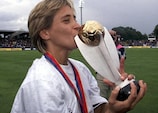 Sandra Smisek kisses the trophy after Germany's victory at the 2001 UEFA European Women's Championship