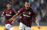 Sparta's Erich Brabec celebrates scoring against Lech in the previous round