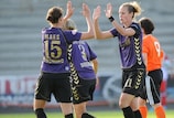 Simone Laudehr (right) celebrates putting Duisburg 4-0 up against Glasgow City