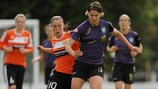 Annike Krahn (right) takes on Glasgow City FC's Jane Ross on Tuesday