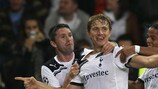 Roman Pavlyuchenko (centre) celebrates scoring Tottenham's second goal in the first leg