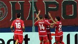 Hapoel celebrate during the first leg in Austria