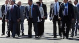 The UEFA president (right) was welcomed in Yerevan