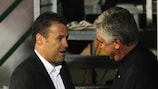 Žilina's Pavel Hapal meets Chelsea coach Carlo Ancelotti before kick-off