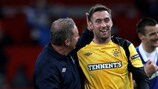 Allan McGregor is congratulated by assistant manager Ally McCoist after Rangers' draw at Old Trafford