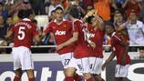 Javier Hernández celebrates with his colleagues after putting United in front