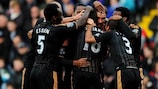 Chelsea celebrate their winner at Blackburn