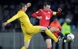 Yordan Miliev (left) of PFC Levski Sofia competes with Stéphane Dumont in the first game