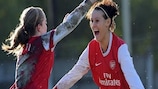 Kim Little (left) congratulates Julie Fleeting on scoring Arsenal's second goal