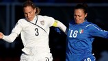 Christie Rampone (left) of the United States competes with Silvia Fuselli of Italy during their play-off second leg