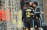 The Marseille players celebrate one of their seven goals in Slovakia on Wednesday