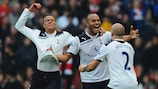 Younes Kaboul (centre) is congratulated after his winner for Tottenham