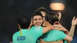 Barcelona celebrate one of their eight goals against Almería