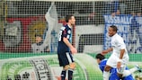 Jefferson Farfán celebrates opening Schalke's account against Lyon