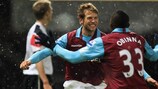 Jonathan Spector celebrates with Victor Obinna after opening the scoring at Upton Park