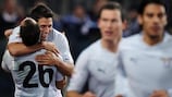 Ştefan Radu hugs Mauro Zárate after his goal for Lazio