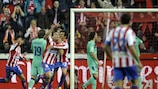 Sporting's David Barral celebrates after scoring against Barcelona