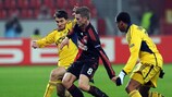 Lars Bender (C) of Leverkusen vies for the ball with Denys Oliynyk and Fininho when the clubs last met