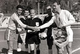 Mauro and Ladislav Novák shake hands ahead of Brazil's meeting with Czechoslovakia at the 1962 FIFA World Cup finals in Chile