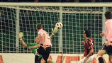 Palermo's Dorin Goian beats Christian Abbiati at the Stadio Renzo Barbera