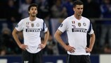 Dejected pair Andrea Ranocchia and Thiago Motta look on after Inter's defence came to an end