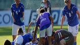 Italy celebrate after the 2-1 victory against Russia in their UEFA European Women's Under-19 Championship Group A opener in Imola