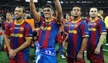 Goalscorer David Villa celebrates with his Barcelona colleagues at Wembley