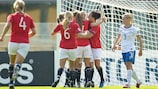 Norway's Melissa Bjånesøy is congratulated by team-mates after scoring her side's first goal