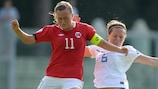 Norway goalscorer Kristine Hegland vies for the ball with Merel van Dongen of the Netherlands