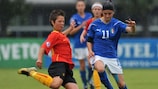 Italy striker Katia Coppola takes on Belgium defender Celine Verdonck in Bellaria