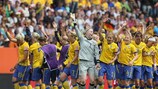 Sweden celebrate their second 1-0 win of the FIFA Women's World Cup group stage against Korea DPR