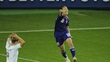Karina Maruyama celebrates scoring Japan's winning goal against hosts Germany in the FIFA Women's World Cup quarter-final in Wolfsburg