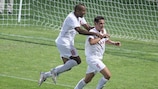 Valletta's Ian Zammit (right) celebrates his equaliser with Jamie Pace