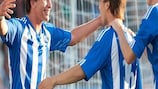 Debutant Kastriot Kastrati (left) celebrates one of his two goals against Bangor