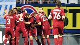 Los jugadores del Rubin en la celebración de uno de los dos goles logrados en Kiev