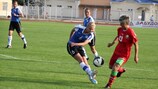 Belarus goalscorer Olga Aniskovtseva (right) up against Anete Palus